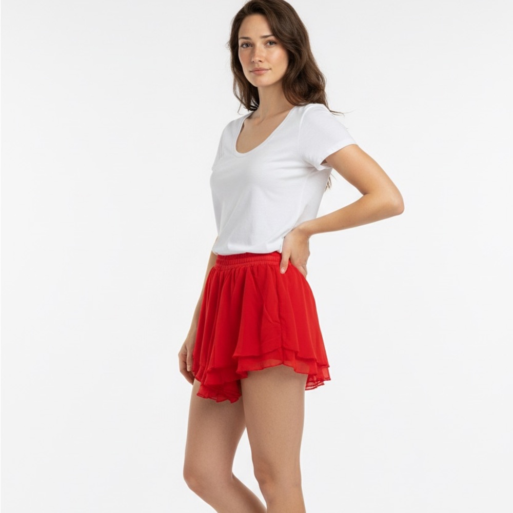 567 Technology‎ Flowy Shorts High Waist Layered Ruffle Hem Red S